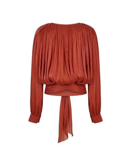 Modenaire Brown Gathered Tie-Neck Blouse With Blouson Silhouette And Waist Tie