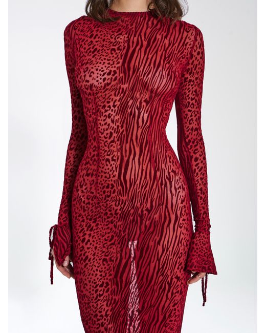 Miss Circle New York Red Waylynn Burnout Velvet Detail Mesh Backless Maxi Dress