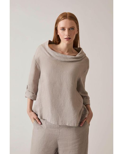 James Lakeland Multicolor Neutrals Cowl Neck Linen Taupe Top