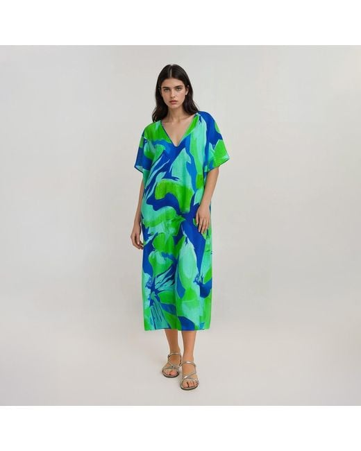 Haris Cotton Green Curve A-Line Cami Printed Linen Dress With Batwing Sleeve Lagoon