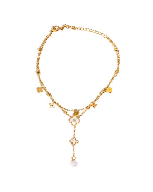 Ebru Jewelry Metallic Floral Pearl Charm Anklet