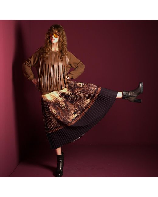 Lalipop Design Brown Neutrals All-Over Graphic Design Pleated Skirt With Vegan Leather Detailing