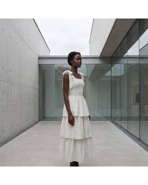 Modenaire White Smocked Midi Dress Tiered Form