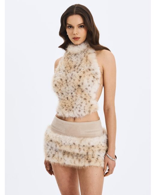 Miss Circle New York Gray Neutrals Sasha Tan Cheetah Backless Contoured Fur Halter Top