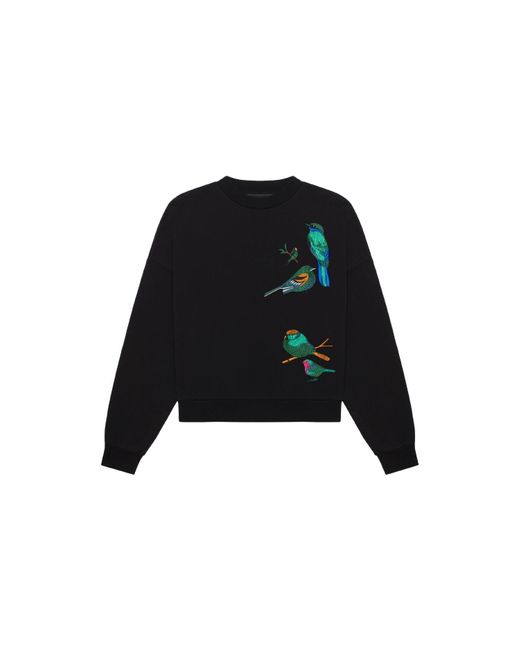 PLACE OF ELMS Black Northern Birds Embroidered Fleece Crew Neck Sweater for men