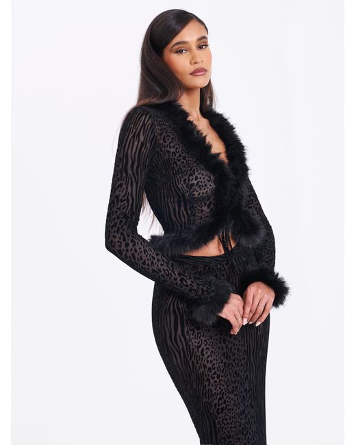 Miss Circle New York Black Hali Animal Print Burnout Velvet Fur Trim Top