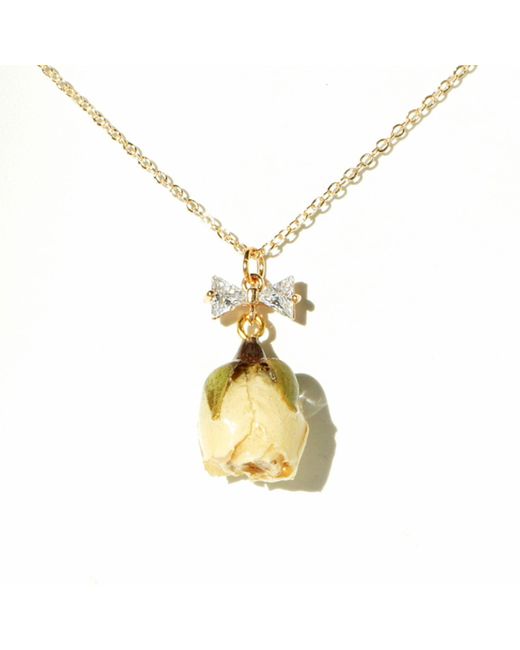 I'MMANY LONDON Metallic Real Flower Rosa Brillante Rosebud Pendant Chain Necklace With Crystal Bow