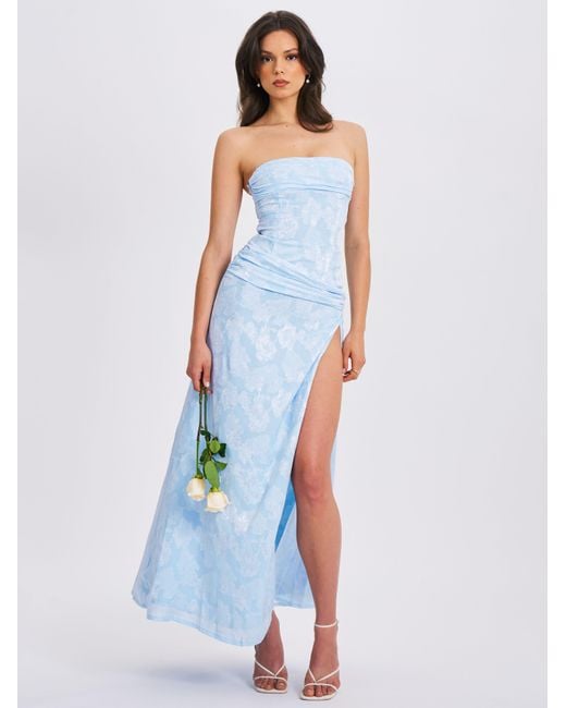 Miss Circle New York Blue Xatia Baby Jacquard Textured High Slit Maxi Dress