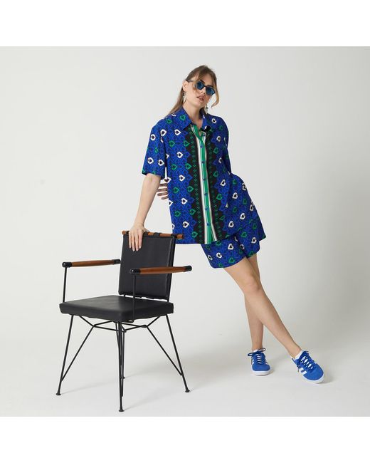 Lalipop Design Blue Abstract Print Viscose Short Sleeves Shirt & Crop Top Set