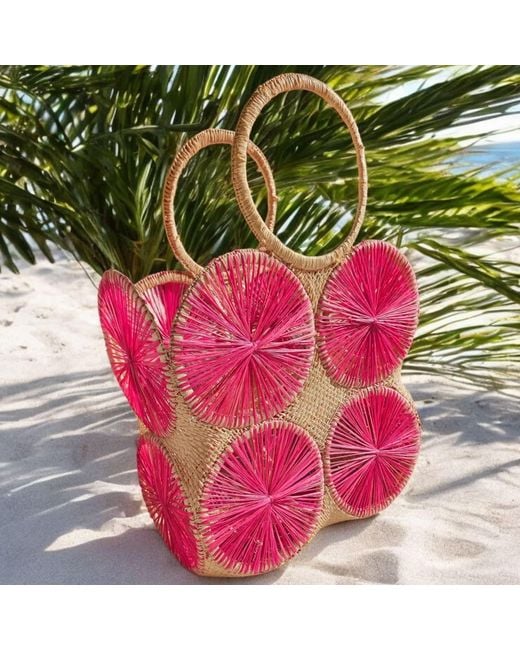 OhSun Red Neutrals Mimosa Xl Raffia Beach Tote