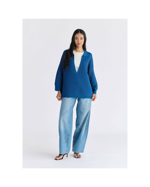 Paisie Blue Low Cut Polo Collar Ribbed Jumper