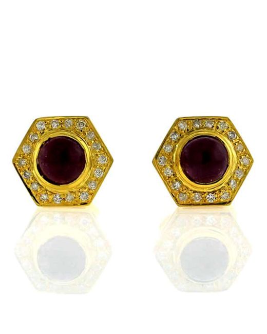 Artisan Metallic 18k Yellow Gold Natural Diamond Ruby Stud Earrings