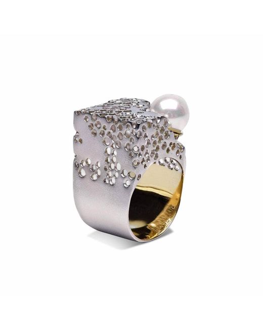 German Kabirski Metallic Devonia Irregular Sculptural Ring With Cultured Pearl