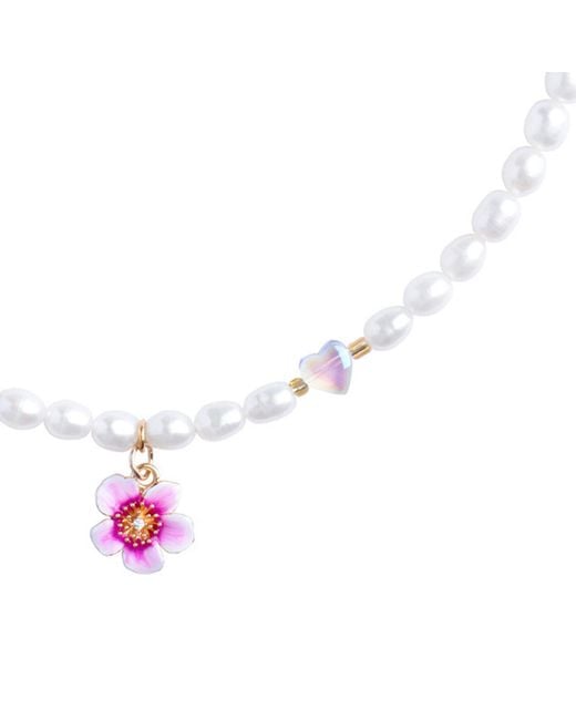 My Little Nature Metallic Plumeria Flower And Glass Hearts Handmade Freshwater Pearl Necklace -Designer Pearl Wedding Necklace