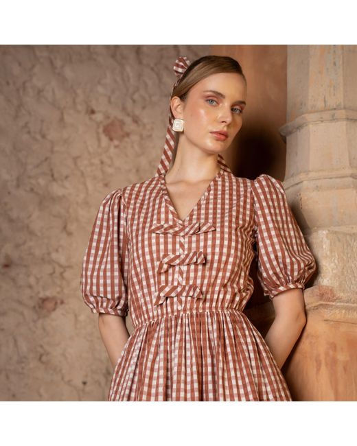 Echo of Pink Red Charlotte Gingham Hand Block Print Cotton Midi Dress