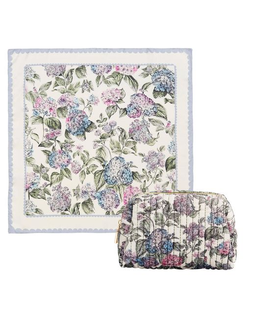 Fable England White Neutrals Hydrangea Small Quilted Makeup Bag & Hydrangea Square Scarf Set