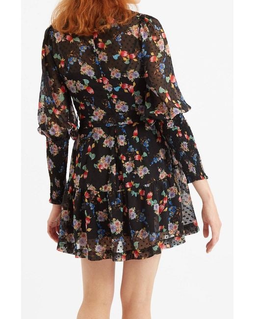 Louche Black Daphne Carpathian Florals Print Shirred Cuff Tie Waist Mini Dress