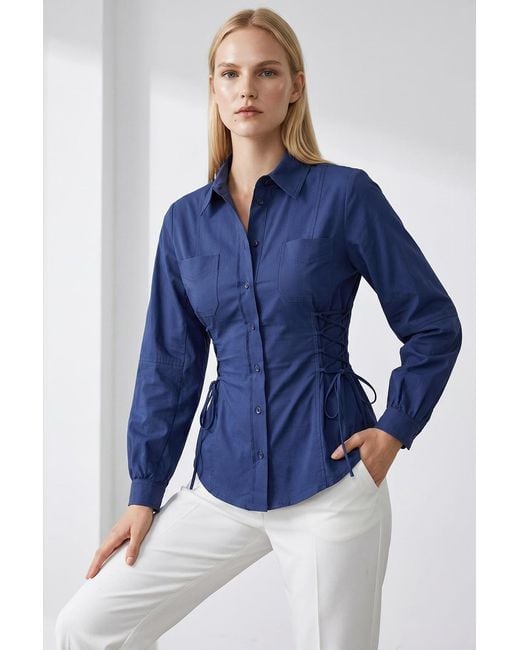 Exquise Blue Arcene Fitted Waist Balloon Sleeve Shirt