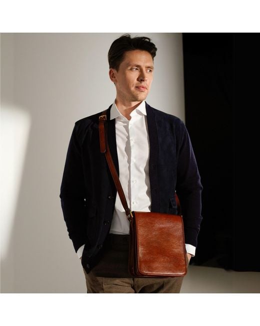 Time Resistance Brown Small Leather Messenger Bag for men