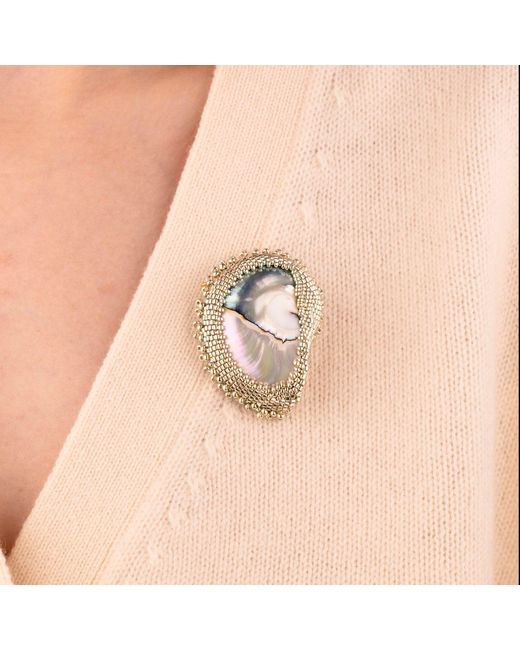 Oana Savu Multicolor Beaded Nautilus Seashell Goddess Brooch Sterling Pin
