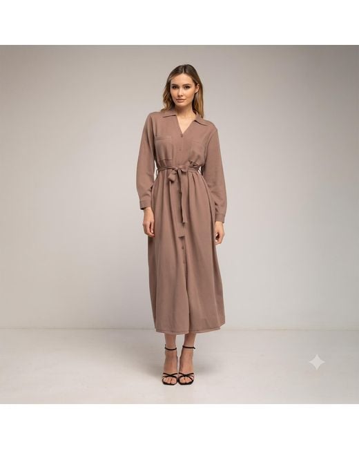 Tantra Spain Sl Brown Long Knit Shirt Dress With Chest Pockets And Belt