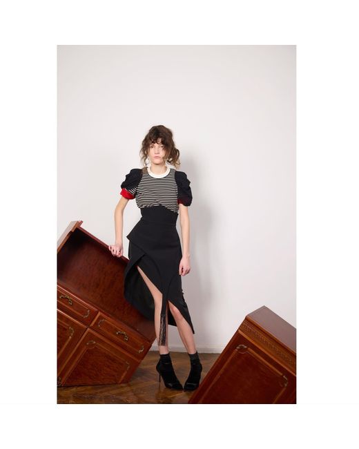 Julia Allert Black Striped Knit Blouse With Mesh Puff Sleeves