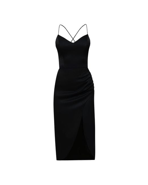 Nomi Fame Black Selena Satin Midi Dress With Straps And Draped Skirt