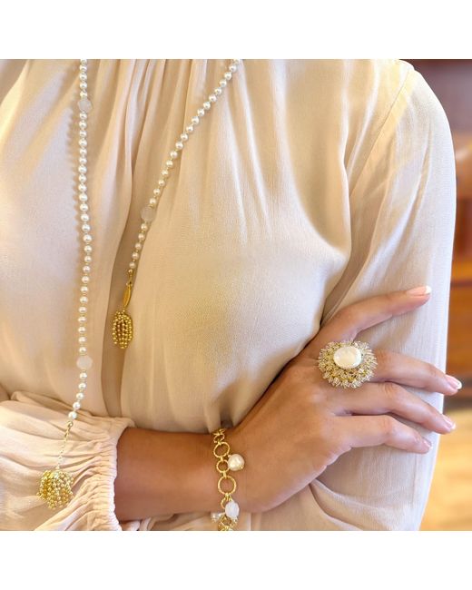 Farra Metallic Freshwater Pearl And Agate With Tassel Open End Long Necklace
