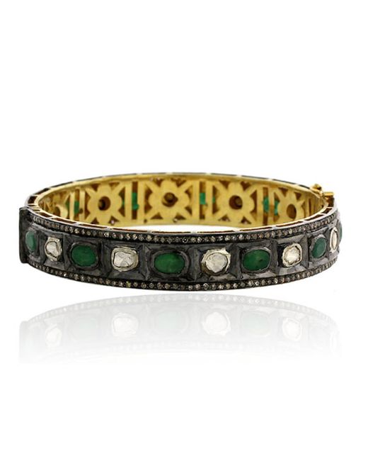 Artisan Green 18k Gold 925 Silver With Natural Emerald & Uncut Diamond Victorian Bangle