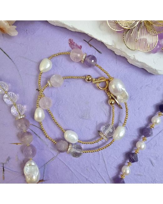 Farra Metallic Baroque Pearls With Rose Quartz And Amethyst Double Layers Bracelet