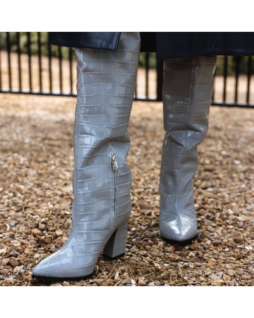 Rosamund Muir London Gray Roma Crocodile Print Over Knee Boots