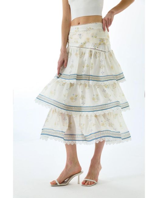 We Are Kindred White Cynthia Silk Tiered Midi Skirt