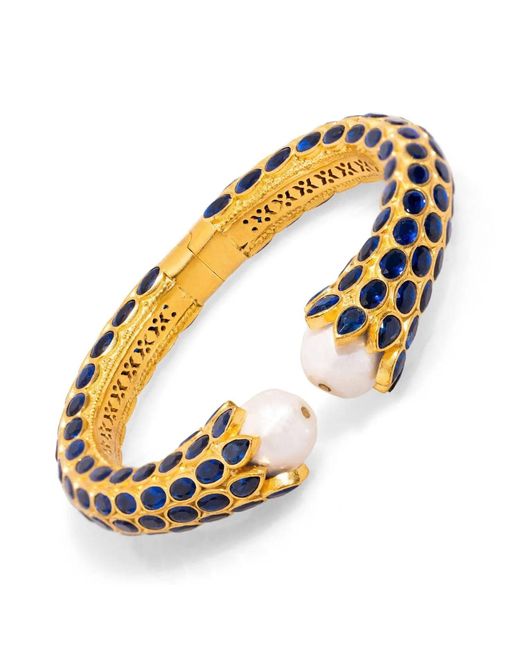Ebru Jewelry Metallic Cleopatra Sapphire & Pearl Chunky Cuff Bracelet