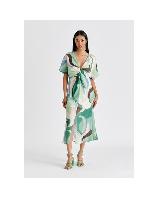 Paisie Green Retro Wave Midi Dress With Twist Detail