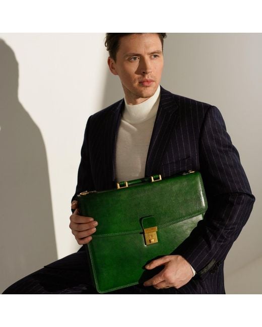 Time Resistance Green Leather Briefcase for men