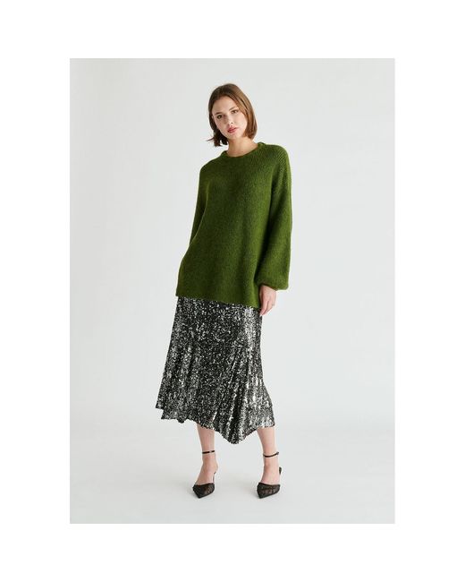 Paisie Green Balloon Sleeves Jumper With Cable Details