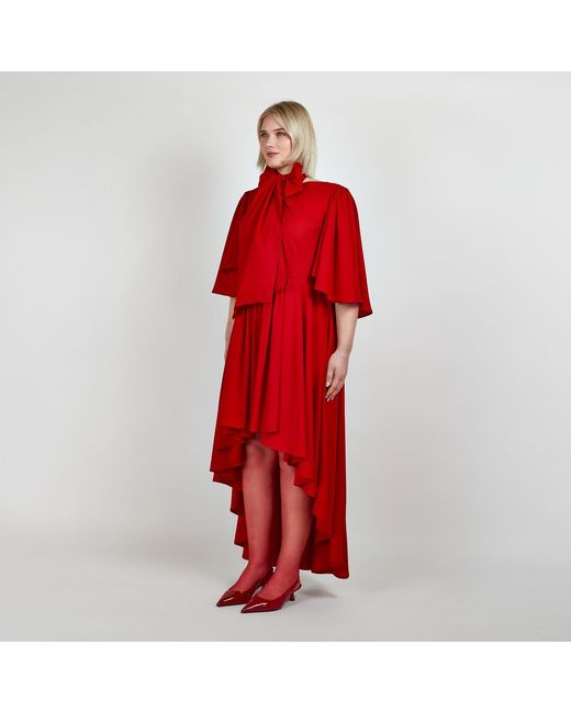 Femponiq Red Bow Tie Neck Cape Sleeve Maxi Dress