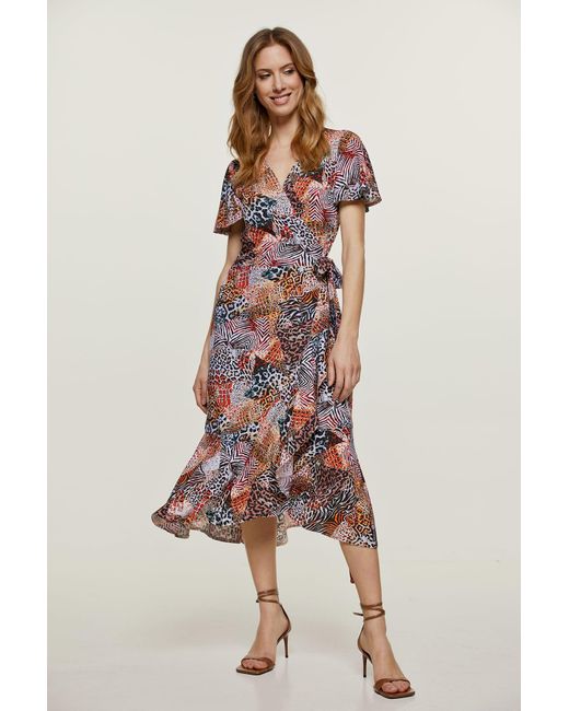 Conquista Orange Animal Print Ruffle Detail Wrap Dress