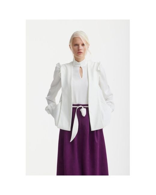 Julia Allert White Neutrals Designer Satin Blouse With Bishop Sleeves And Stand Collar –