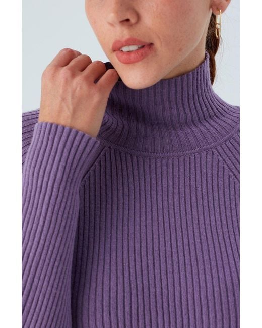 Peraluna Purple High Mock Neck Cashmere Blend Ribbed Knit Pullover