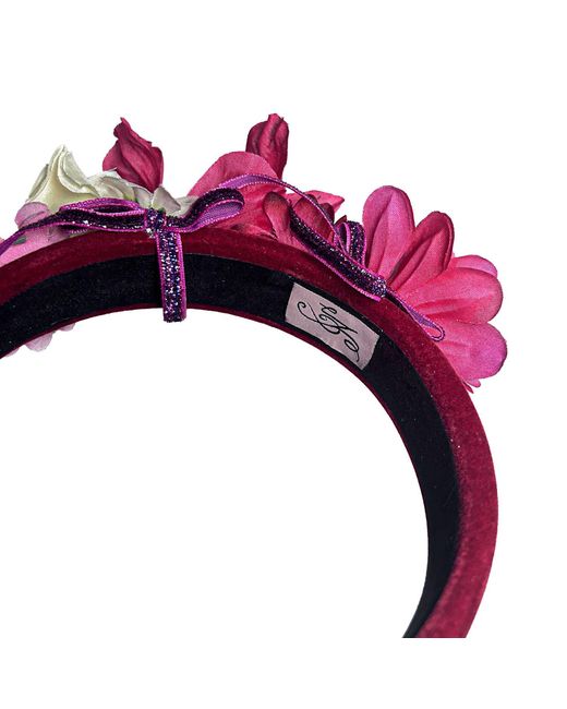 Natalia Petruch Purple Valentina Deep Wine Velvet Flower Headband – Small Faux Flowers With Glitter Ribbon, Handmade Statement Hair Accessory