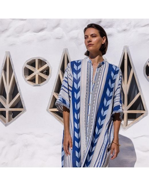 Haris Cotton Blue Lace Insert Button-Down Embroidered Cotton Kaftan Arrow