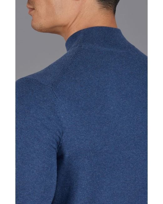 Paul James Knitwear Blue Ultra Fine Cotton Mock Turtle Neck Spencer Jumper for men