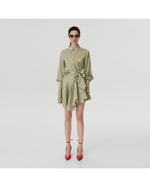 Lita Couture Natural Ruffle Hem Silk Wrap Dress