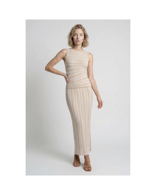 Modenaire Natural Striped Ribbed Knit Set With Fitted Tank And Midi Skirt