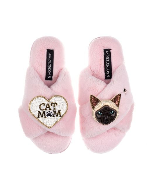Laines London Pink Classic Laines Slippers With Cat Mum Mom & Siamese Cat Brooches