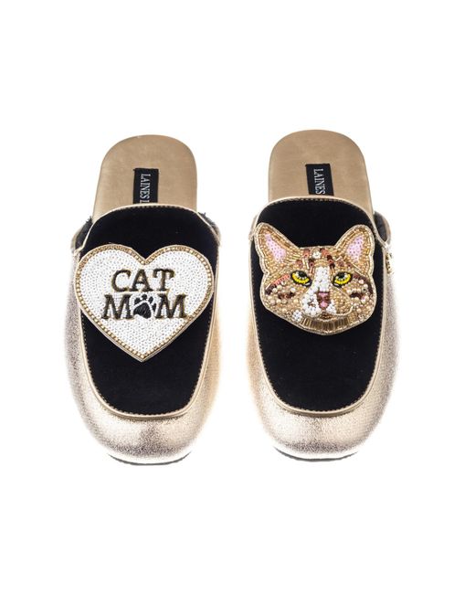 Laines London Black Classic Mules With Tabby The Ginger Cat & Cat Mum / Mom Brooches