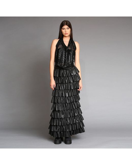 Silvia Serban Black Eco Leather Skirt With Ruffles & Adjustable Length