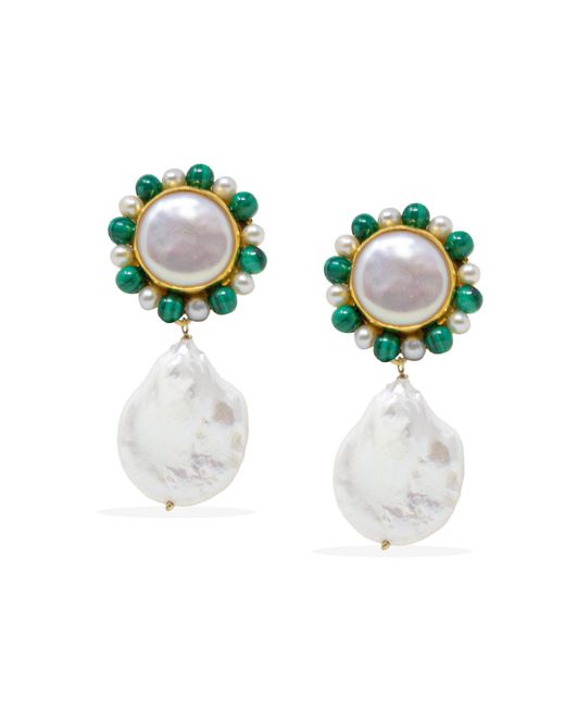 Vintouch Italy Multicolor Lotus Gold-plated Pearl And Malachite Earrings