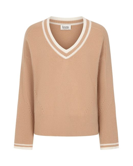 Loop Cashmere Natural Neutrals Striped Tipped V Neck Lofty Sweater